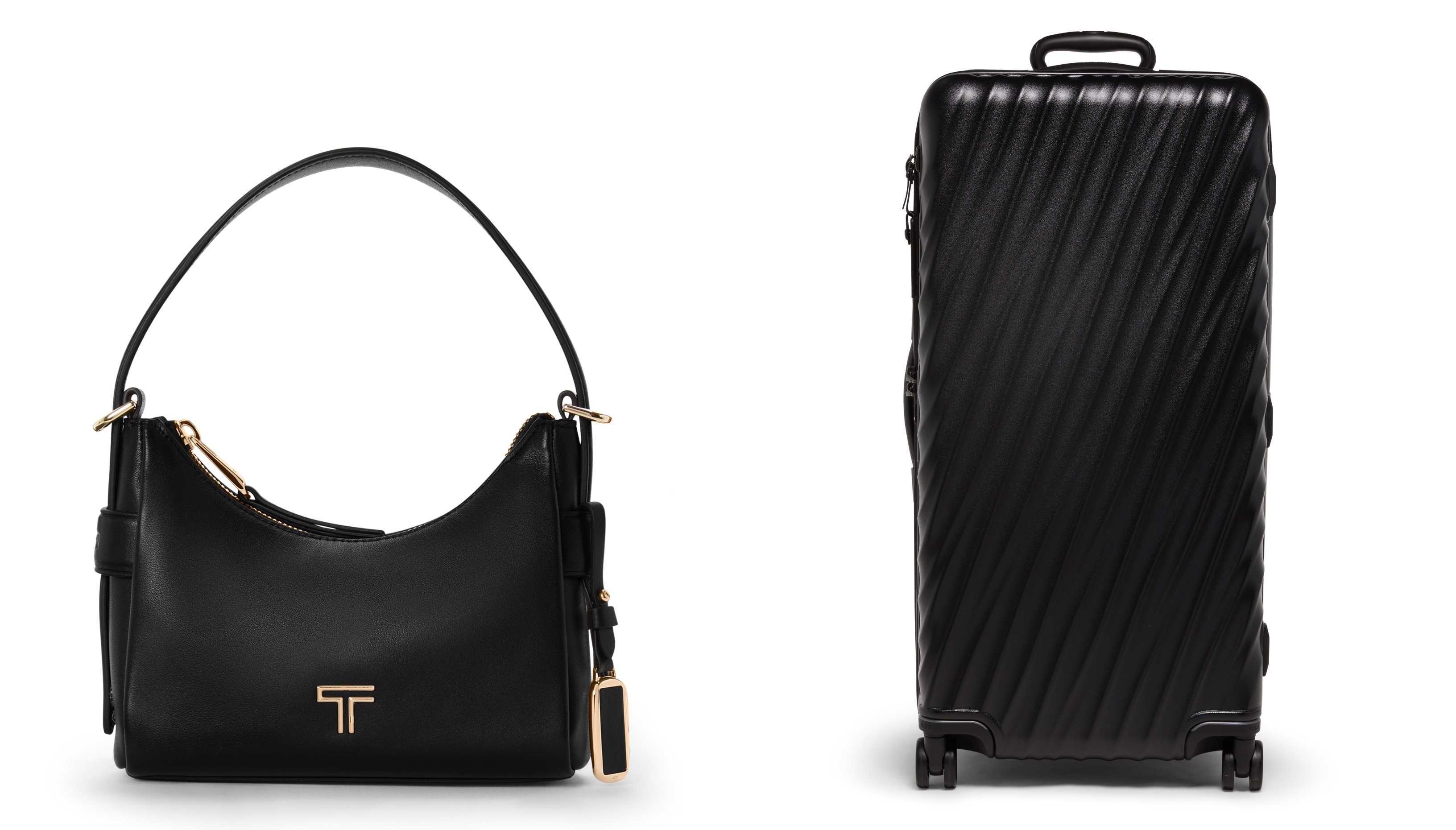(Từ trái sang phải): Voyageur Evora Mini Hobo màu đen/vàng nhạt, cốp xe lăn 19 độ với họa tiết màu đen