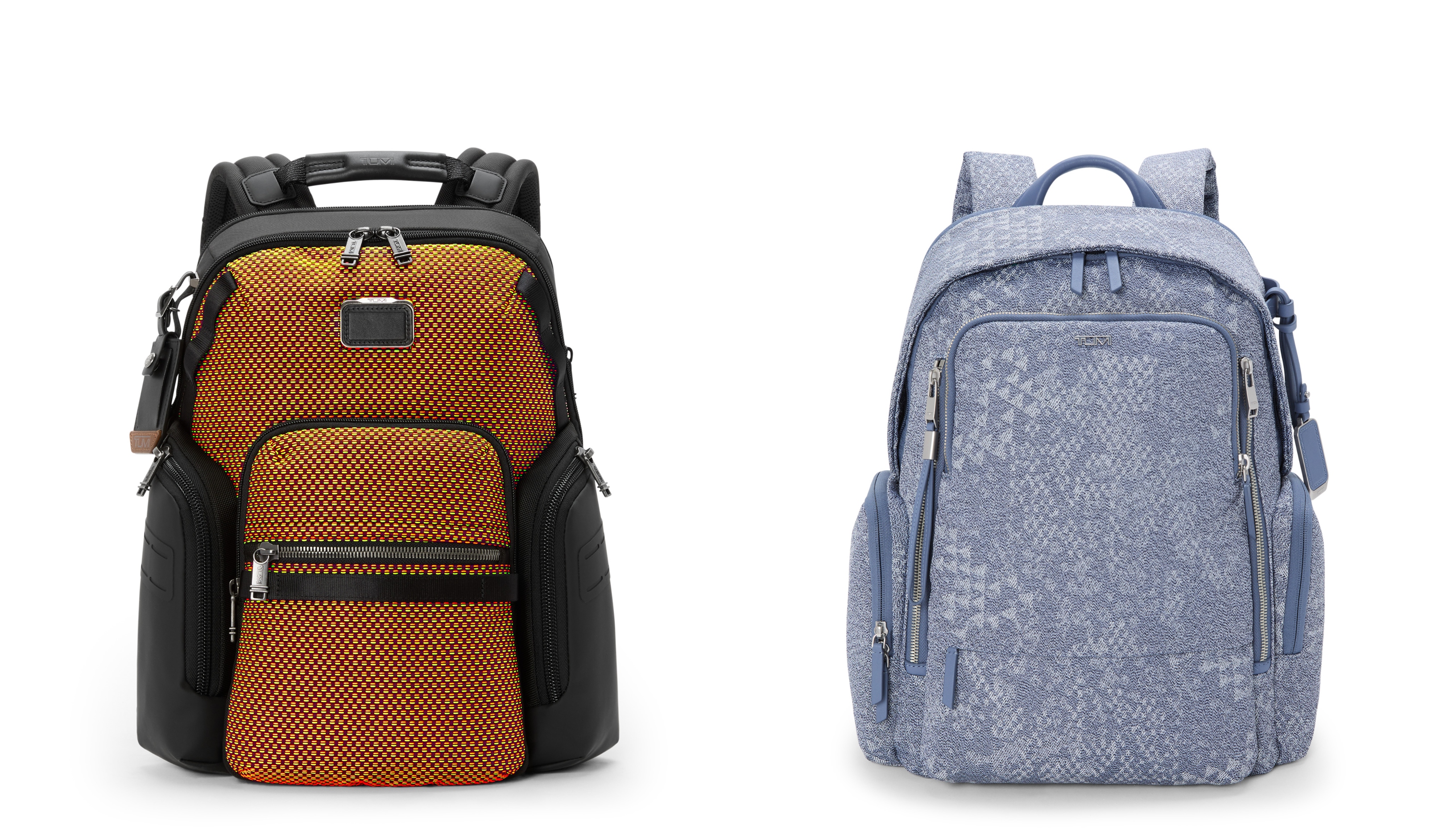 (Từ trái sang phải): Ba lô Alpha Bravo Navigation màu sắc Chameleon Đỏ/Vàng Chanh, Ba lô Voyageur Celina màu xanh denim