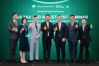 Cathay United Bank hosted the “2025 Tax and Investment Seminar” in Hanoi, Vietnam, providing corporate clients with insights into investment trends in the Vietnamese market. VJ Lu (second from right), General Manager of CUBHCM, stated that the seminar served as a valuable platform for dialogue between businesses and experts. Benny Miao, Executive Vice President (third from right) and Chi-Chao Lin, Chief Economist of CUB (first from right), also participated as panelists. (PRNewsfoto/Cathay United Bank) Cathay United Bank hosted the “2025 Tax and Investment Seminar” in Hanoi, Vietnam, providing corporate clients with insights into investment trends in the Vietnamese market. VJ Lu (second from right), General Manager of CUBHCM, stated that the seminar served as a valuable platform for dialogue between businesses and experts. Benny Miao, Executive Vice President (third from right) and Chi-Chao Lin, Chief Economist of CUB (first from right), also participated as panelists. (PRNewsfoto/Cathay United Bank)