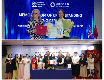 Top photo Left : Amanda Clarke, International Director of Sales, Oxford University Press Right : Nguyen Ha Anh, Chief Executive Officer, Oxbridge Education Group  Bottom photo  Front Row Left : Nguyen Tien Trinh, Chief Executive Officer, iSMART Education Front Row Right : Amanda Clarke, International Director of Sales, Oxford University Press (PRNewsfoto/Oxford University Press)