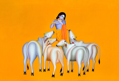 Manjit Bawa’s 1998 masterpiece from his Krishna series, captures a meditative harmony through its iconic ochre backdrop and sculptural simplicity.