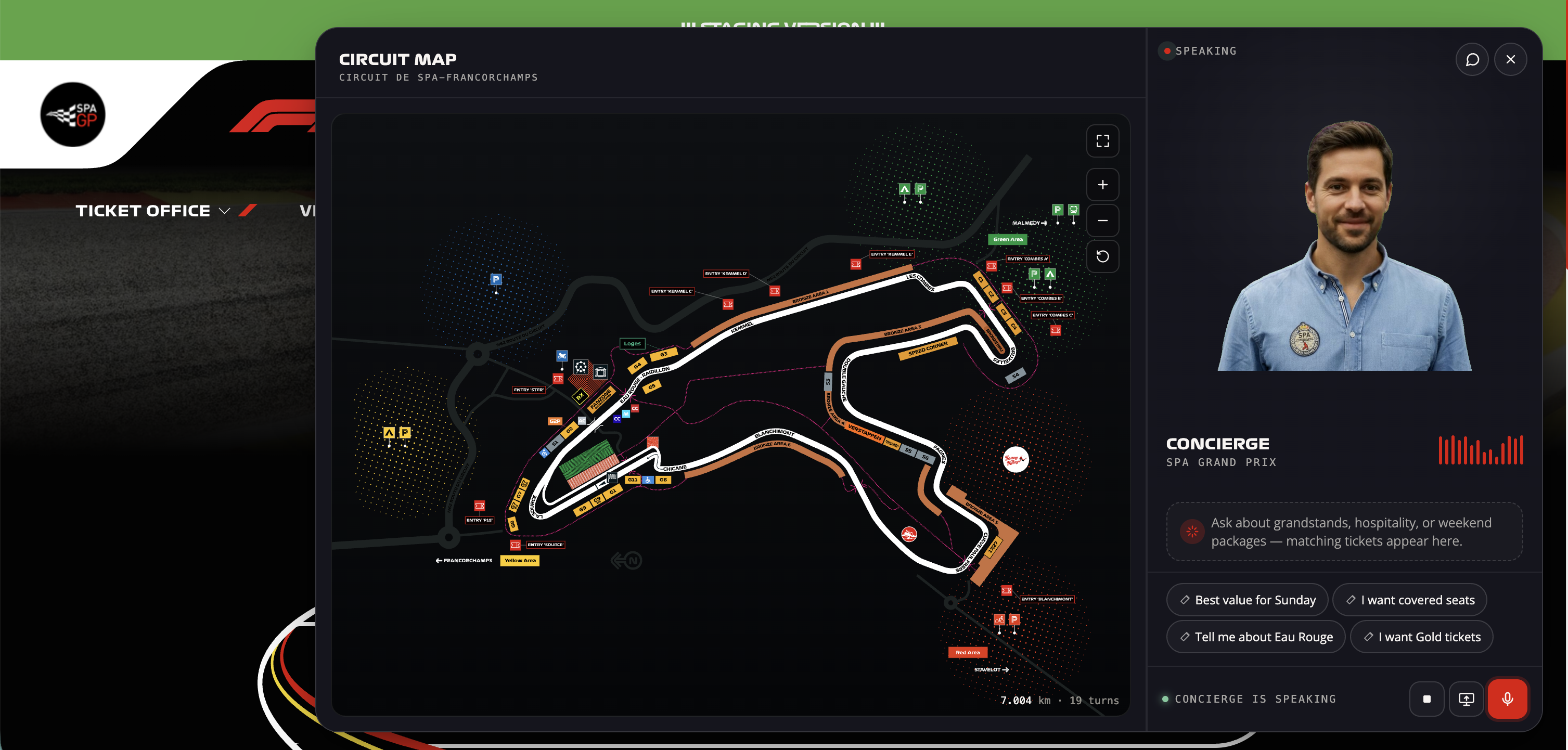 Napster Partners with Spa Grand Prix to Launch AI Concierge for Formula 1 Fans An overhead view of the Spa Grand Prix circuit on spagrandprix.com, with AI agent Jack describing available tickets and hospitality options.