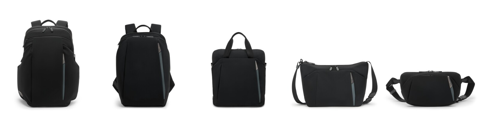 (Từ Trái qua Phải): Ba lô cỡ lớn 25L, Ba lô cỡ trung 20L, Túi Tote cỡ trung, Túi đeo chéo Crossbody cỡ trung và Túi Sling cỡ trung màu Đen