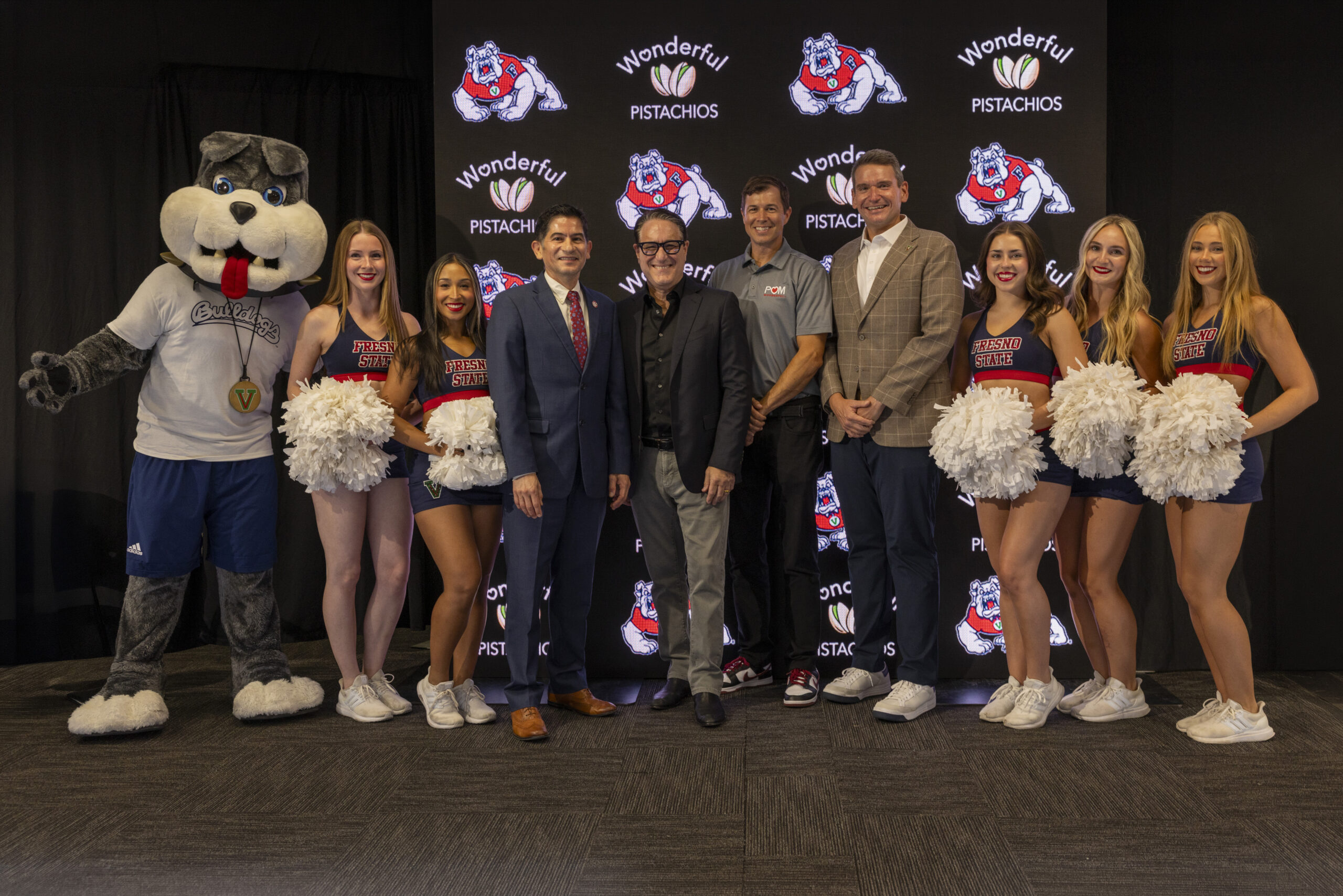 Press Conference_Fresno State Mascot, Cheerleaders with Saúl Jiménez-Sandoval, president of Fresno State; Garrett Klassy, Fresno State director of a