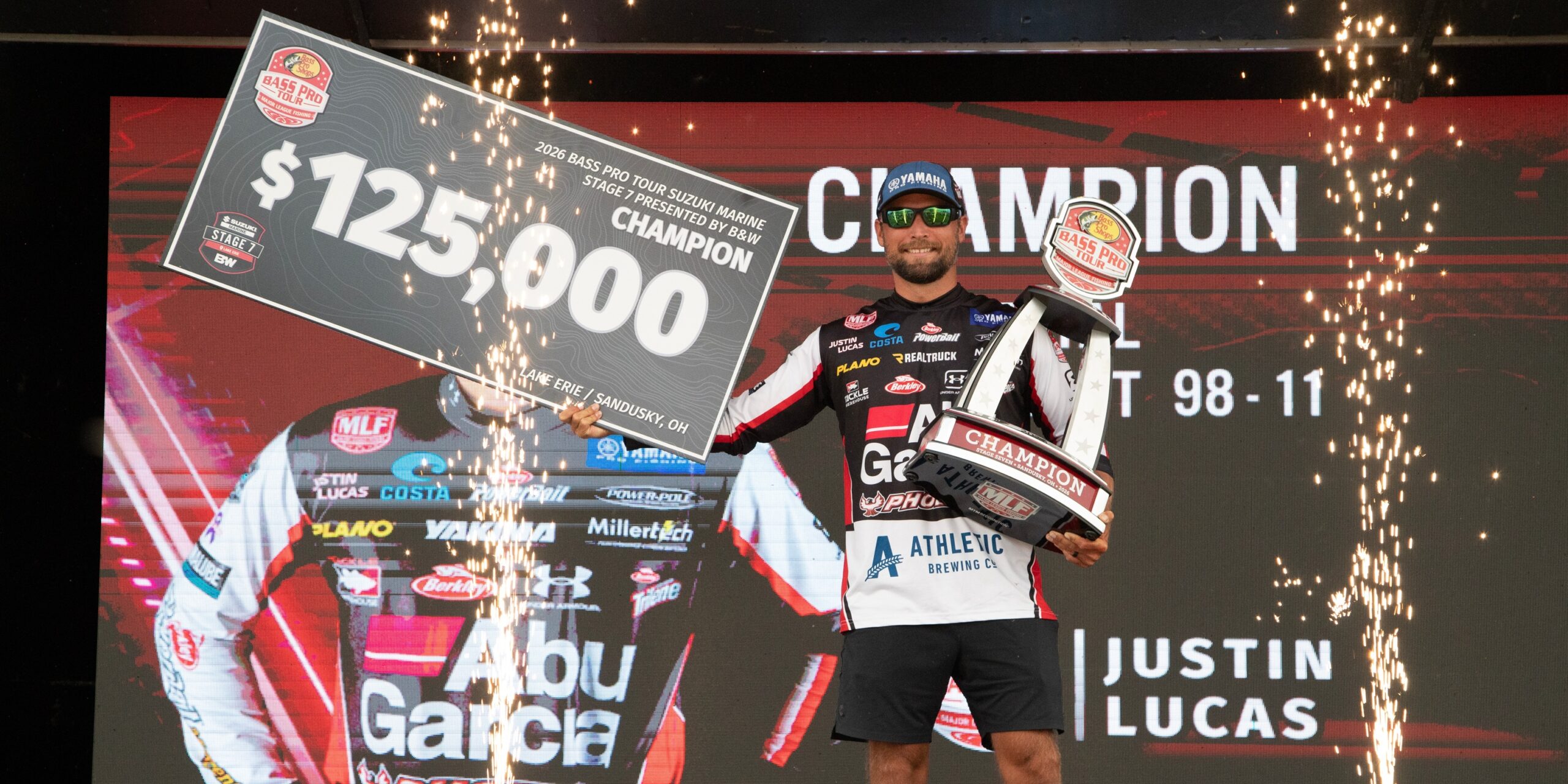 Pro Justin Lucas of Guntersville, Alabama, earns top prize of $125,000 with 25 bass for 98-11 in final-day Championship Round at Lake Erie in Sandusky, Ohio.