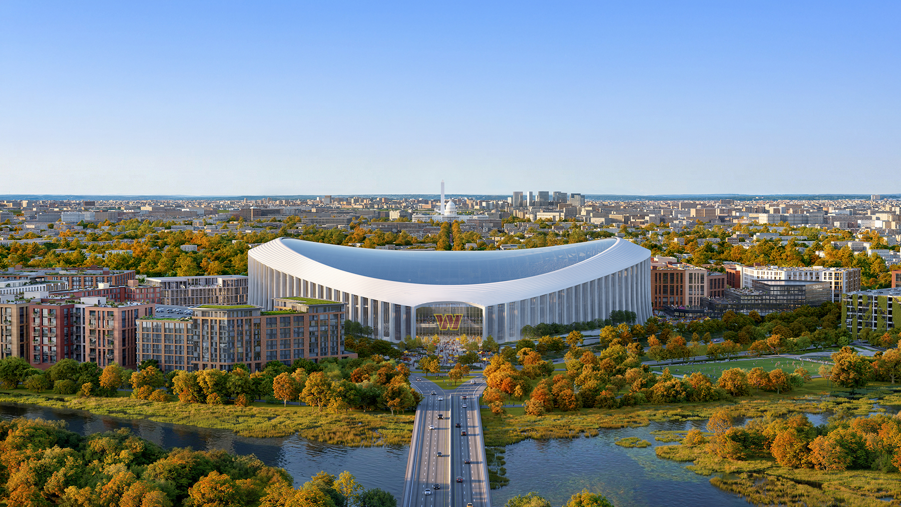 Clark | Mortenson | SmootDC Joint Venture Tapped to Build New Washington Commanders Stadium Aerial view of Washington Commanders Stadium, from above Whitney Young Memorial Bridge.