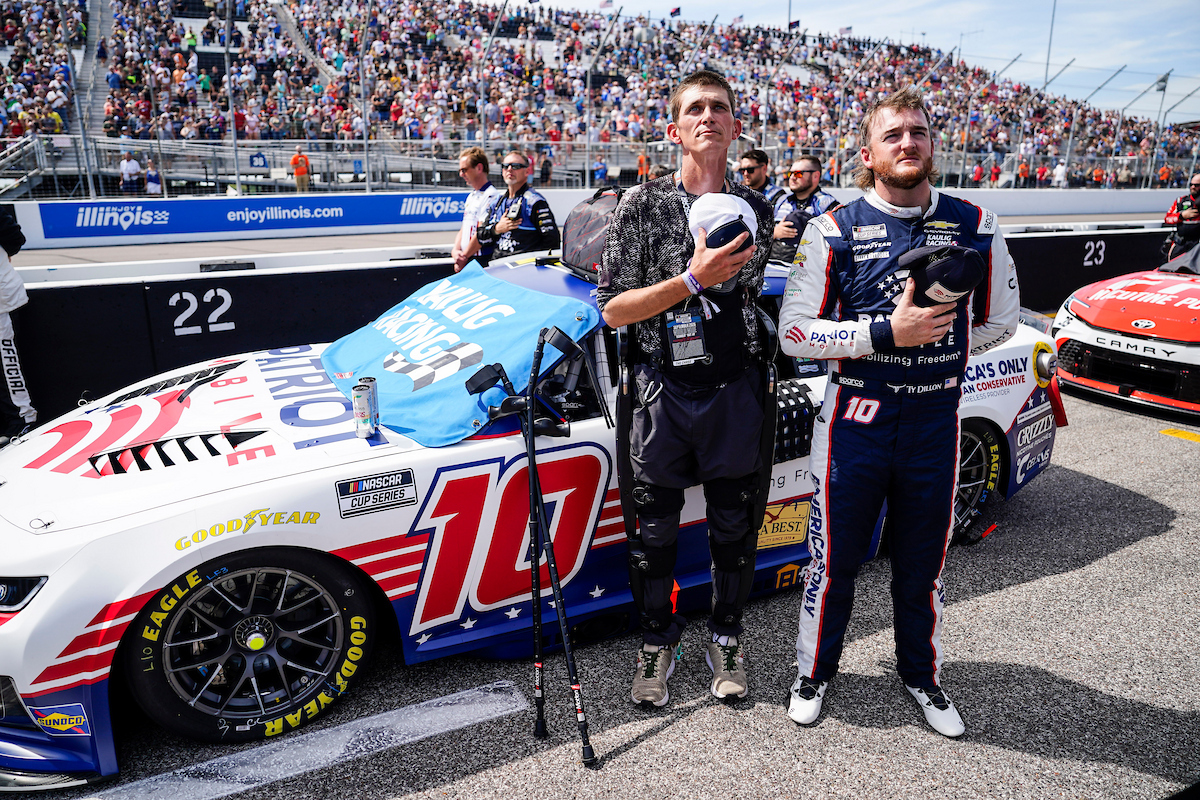 Paralyzed Marine Veteran Stands and Walks at Enjoy Illinois 300 as Patriot Mobile Puts SoldierStrong on Ty Dillon's No. 10 Ty Dillon and SSgt Bryce Cherryholmes Stand for the National Anthem