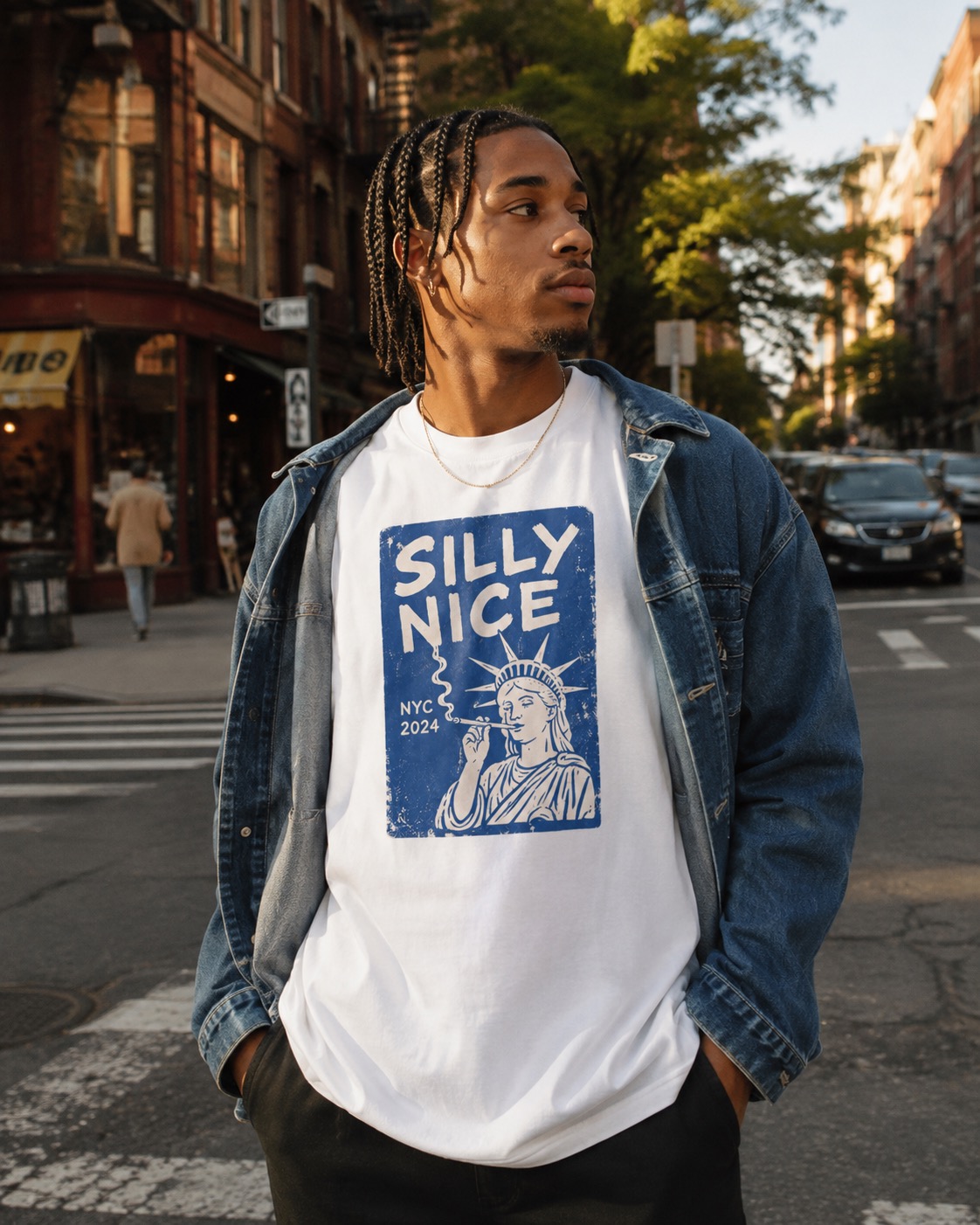 September in New York Means Tennis, Fashion, Festivals — and a Cannabis Market Coming of Age A Brooklyn-based model wears the Silly Nice NYC 2024 Liberty Print Organic Oversized T-Shirt, blending relaxed streetwear, New York attitude, and the playful visual identity of the homegrown cannabis brand.